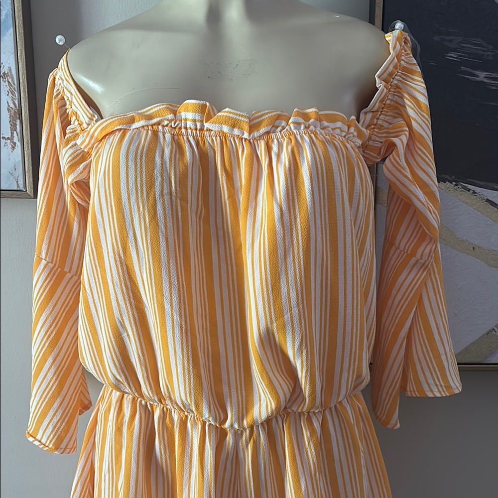 Yellow Striped Off-Shoulder Dress size L - Picture 3 of 5